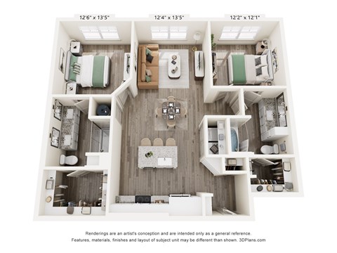 A 3D floor plan of a small apartment with a kitchen, living room, and two bedrooms.